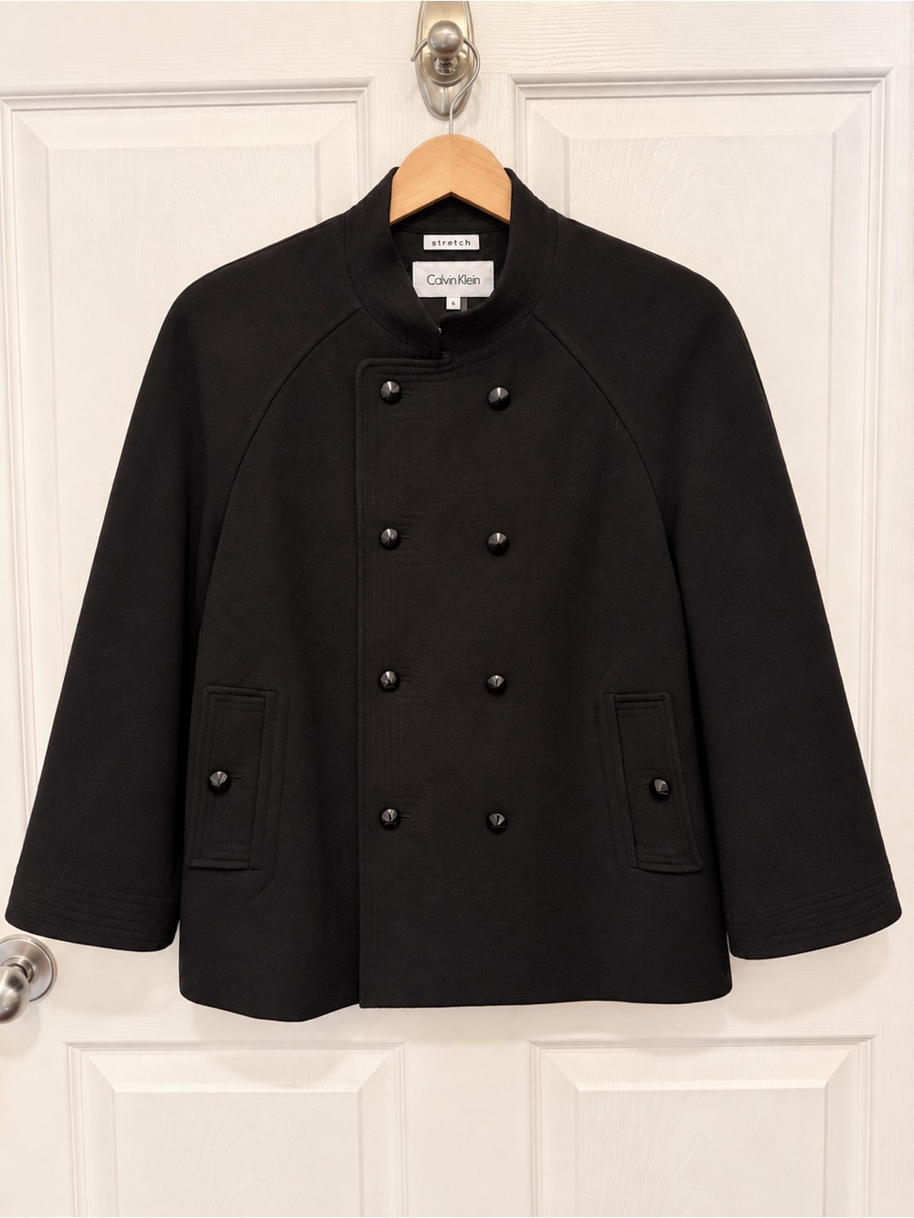 Calvin Klein Stretch Black Double Breasted Swing Jacket Coat Size 6